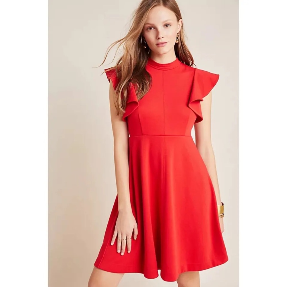Anthropologie Maeve Deena Mini Dress ruffle sleeve red orange Small